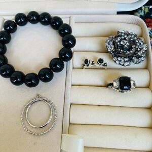 Black Glass Beaded Bracelet, Silver Pendant and Silver/Black Ring Bundle